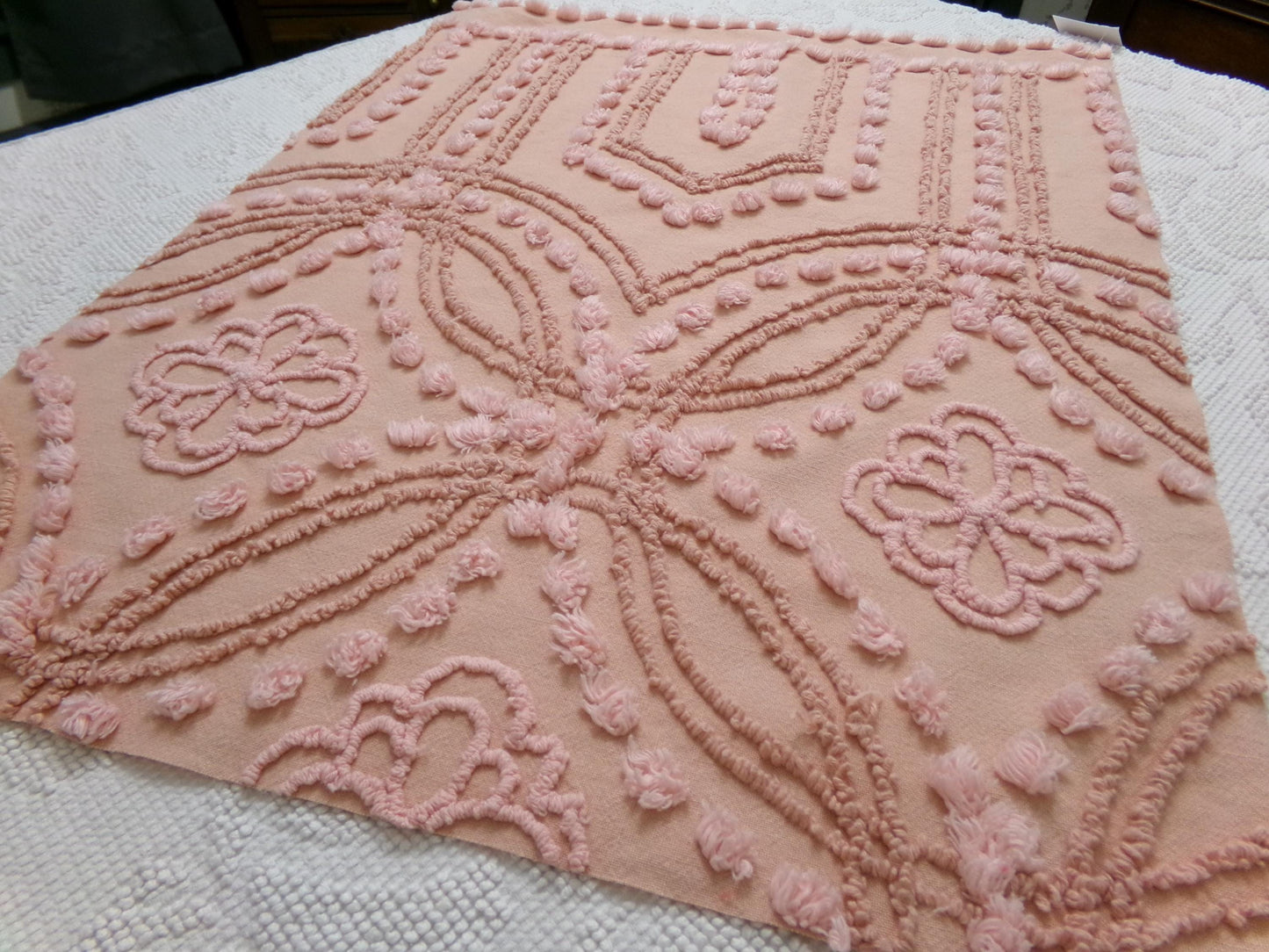 Boho Earthy Vintage Chenille Bedspread Fabric Piece, Cathedral Daisy Dot Design, 19" x 24"