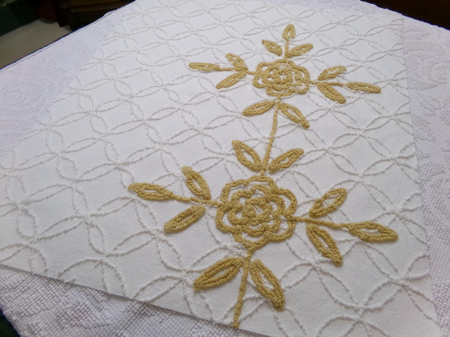 Vintage Chenille Fabric Piece, Compass Rose Sewing & Quilt Material 22" x 25"