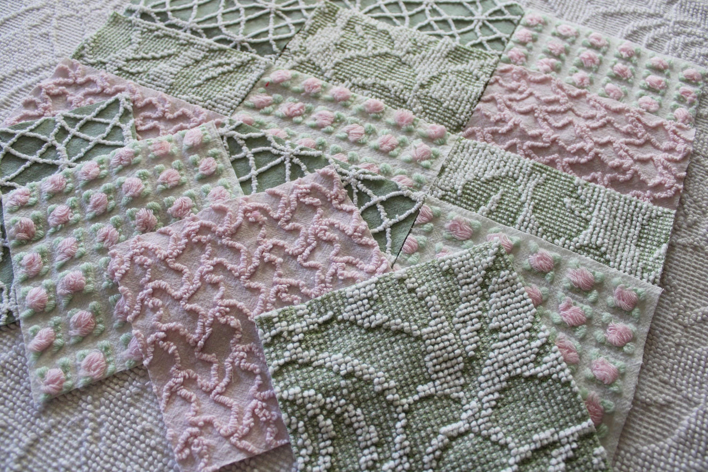rosy romance chenille fabric squares, set of 16 vintage quilt blocks 6" inches ea, squiggle, hobnail, rosebud texture in jade & pink rose