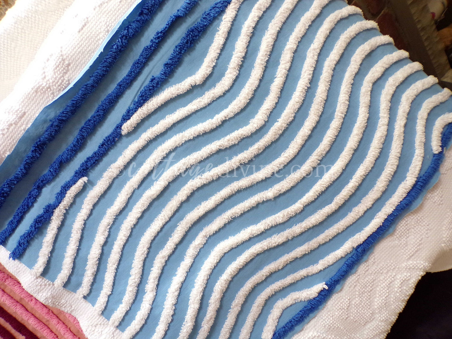 Gentle Waves Vintage Chenille Quilt Fabric, 26" x 16.5" Piece, 100% Cotton White Tufting on Blue