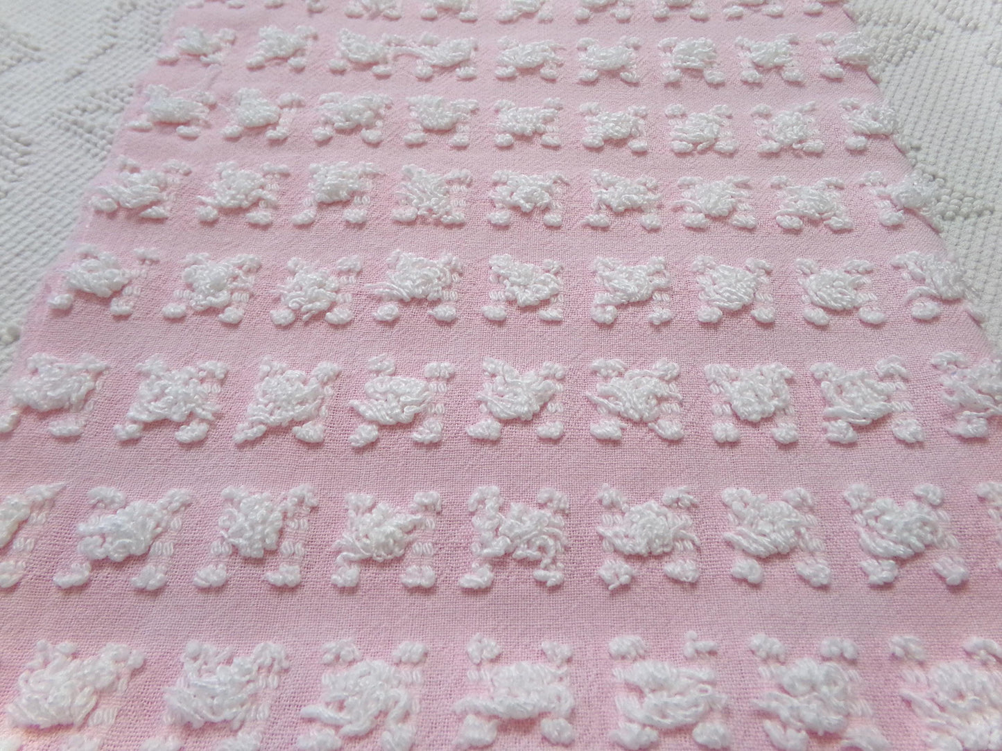 Carnation Pink White Rosebud Vintage Chenille Fabric, Soft Ombre Variations 18" x 25"