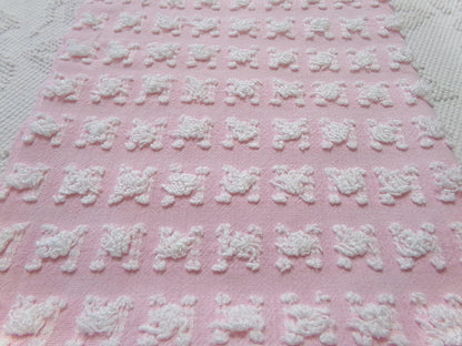 Carnation Pink White Rosebud Vintage Chenille Fabric, Soft Ombre Variations 18" x 25"