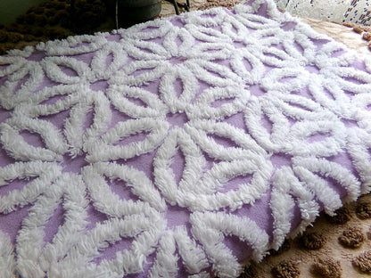 Spring Lavender Vintage Chenille Fabric in Lilac Purple & Fluffy White Daisy, 19" x 25" inch Piece, Lovely in Quilts