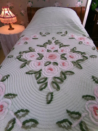 Luxury Vintage Chenille Bedspread, Tufted Cottage Roses on Mint Green, Full Size Boxed & Fitted Design with Integrated Skirt