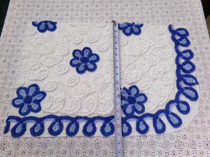 Vintage Chenille Fabric Piece, Blue White Floral Coastal Chic Quilting Material 14x25"