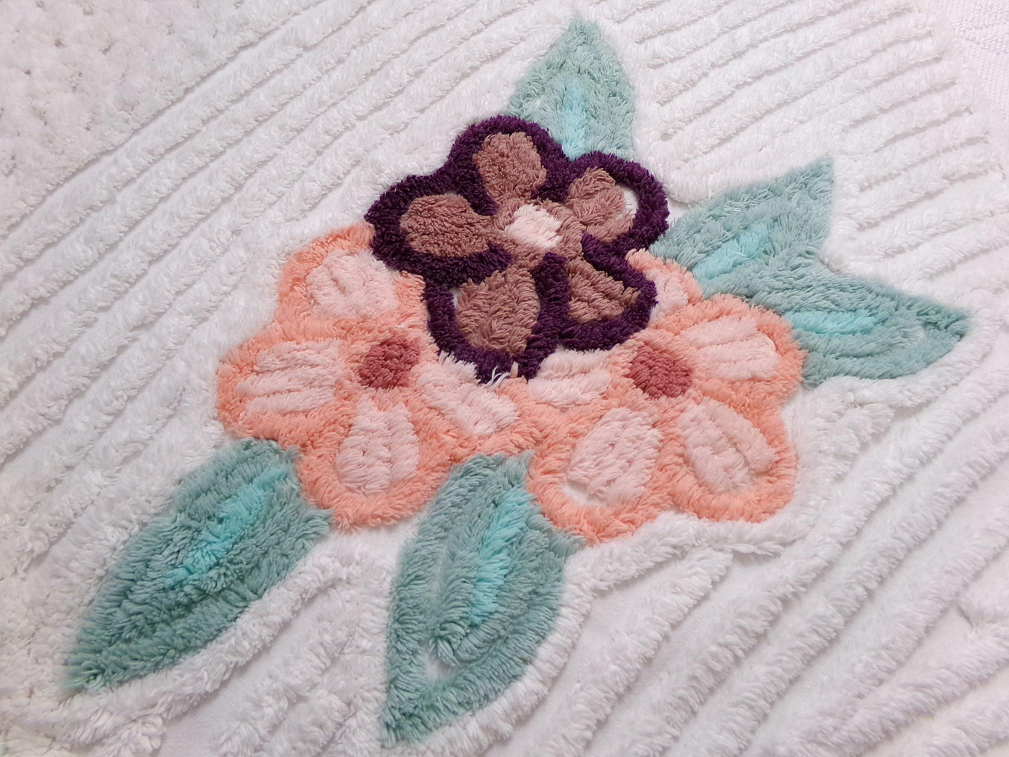 Vintage Chenille Fabric Piece, Magnolia Florals on White, 19" x 23" Sewing Material