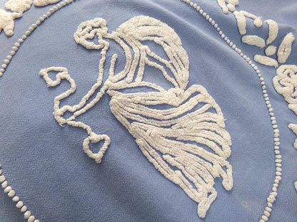 Angel Vintage Chenille Bedspread, Grecian Goddess Figure, Wedgwood Blue & White FULL