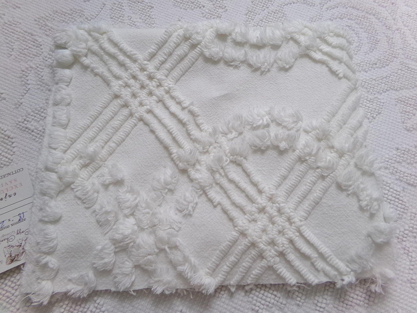 Wintry White Vintage Chenille Fabric Piece, Needletuft Sewing & Quilt Material, 18" x 22"