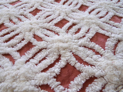 Earthy Terracotta Vintage Chenille Fabric, Plush White Tufted Petal Design, 20" x 24" inch Piece, 100% Cotton Material for Quilts & Crafts