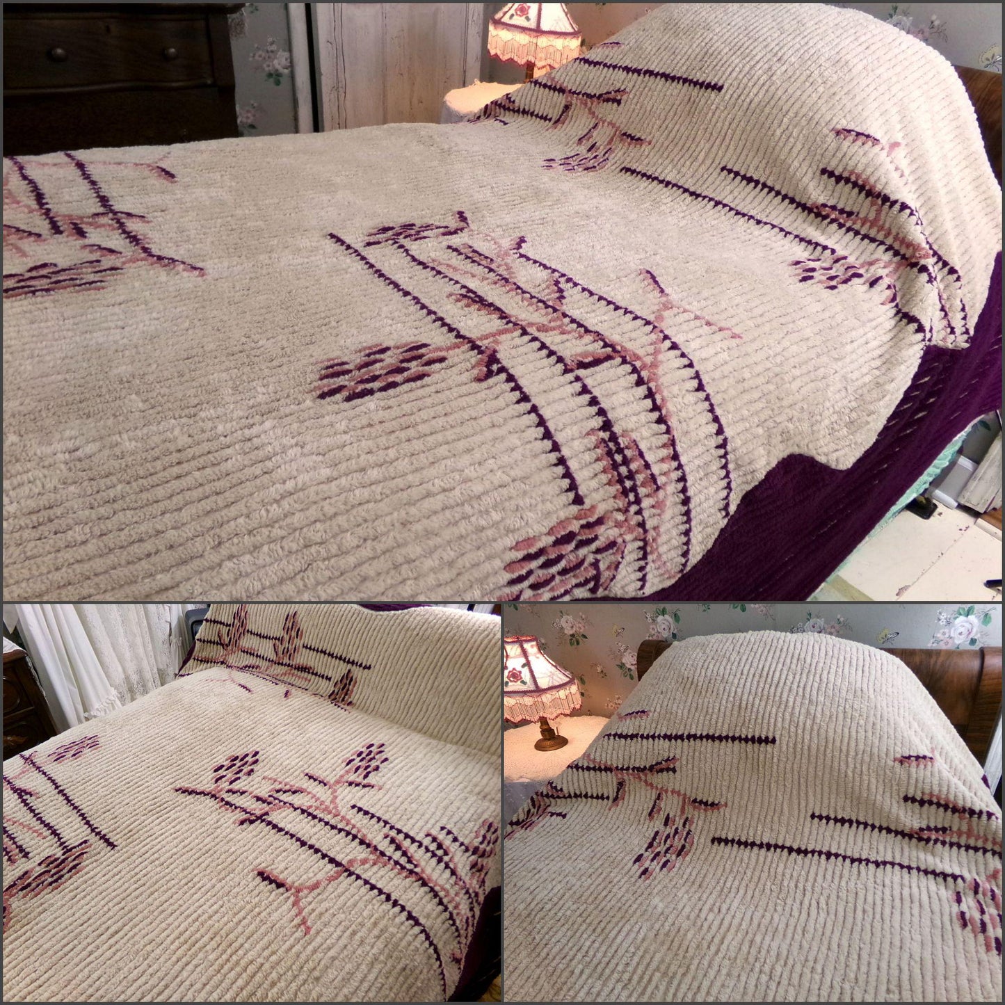 Art Deco Vintage Chenille Bedspread in Iconic Cattail Design, Shabby Antique Twin Size Bedding, #1