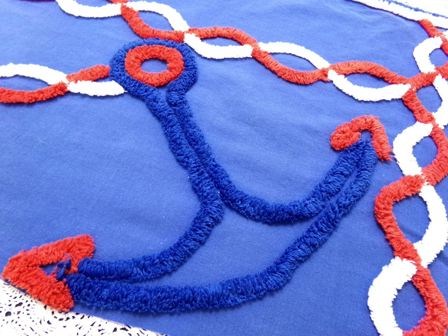 Coastal Anchor Vintage Chenille Fabric Piece 42 x 16" Red White Blue American Spirit