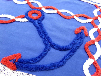 Coastal Anchor Vintage Chenille Fabric Piece 42 x 16" Red White Blue American Spirit