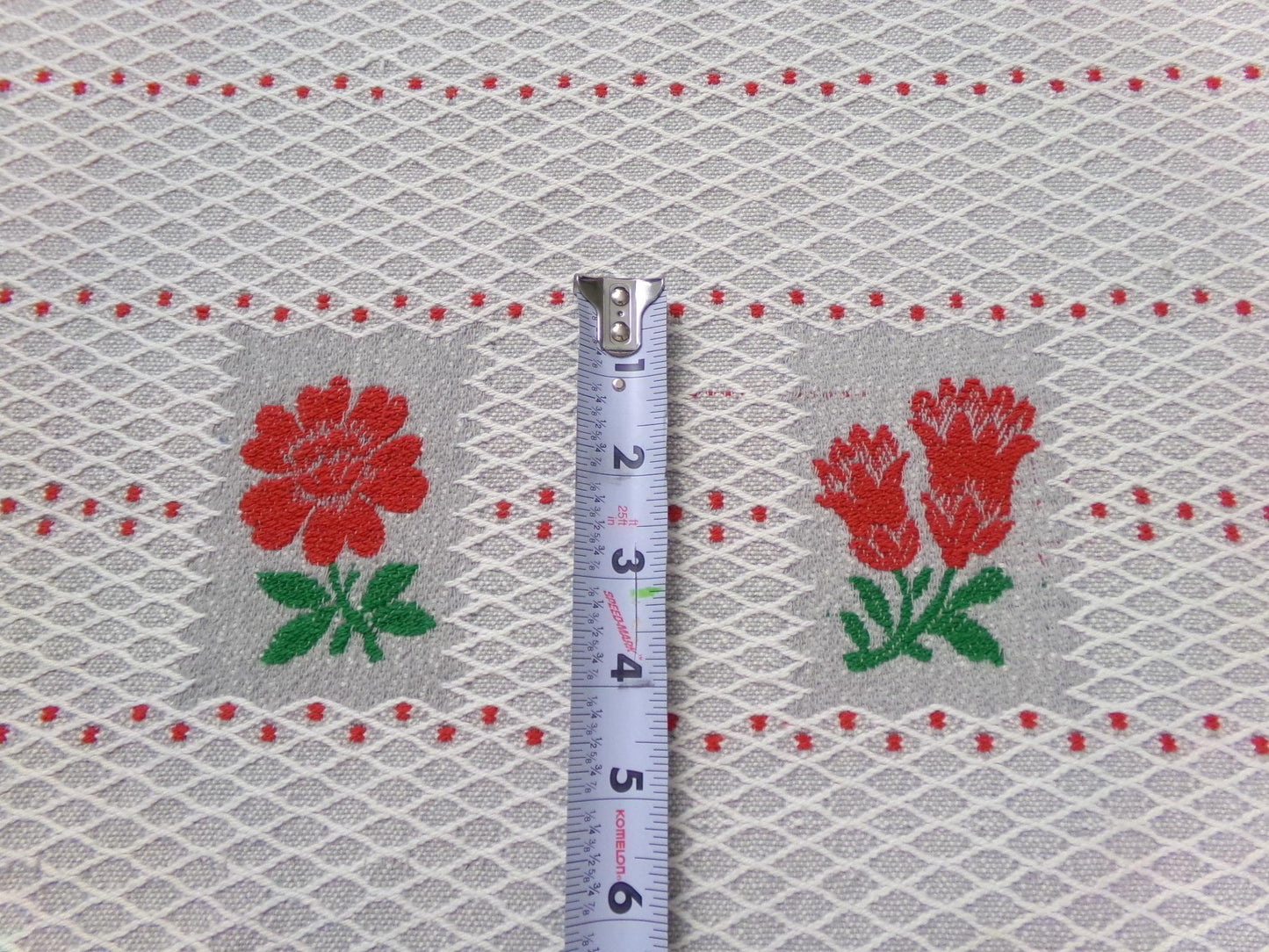 Vintage Woven Fabric, Steel Grey Red Floral Lattice Reversible Cut Piece 24" x 27"
