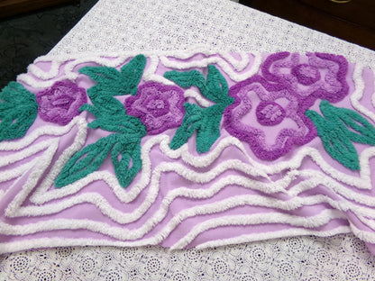 Violet Roses Vintage Chenille Bedspread Fabric 16x32" Sweeping White Waves