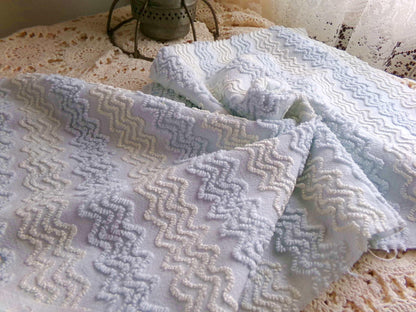 pastel blue & cream vintage chenille fabric, 24" x 18" inch cut piece, gentle zig zag texture, great quilt material for sewing