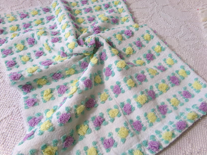 Rare Rosebud Vintage Chenille Fabric, Yellow Lilac Tufted Roses, 17x24"