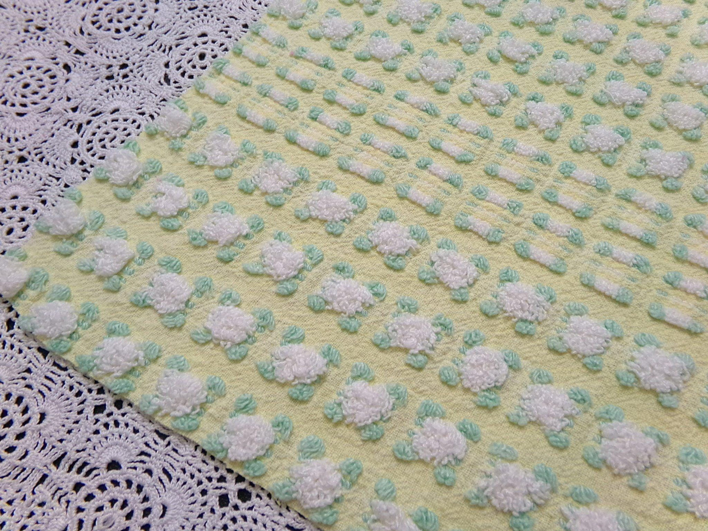 Phantom Rosebud Vintage Chenille Bedspread Fabric Yellow White 20x24" Piece