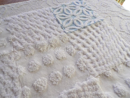 16 vintage chenille fabric squares: breezy blue & white 6" quilt blocks