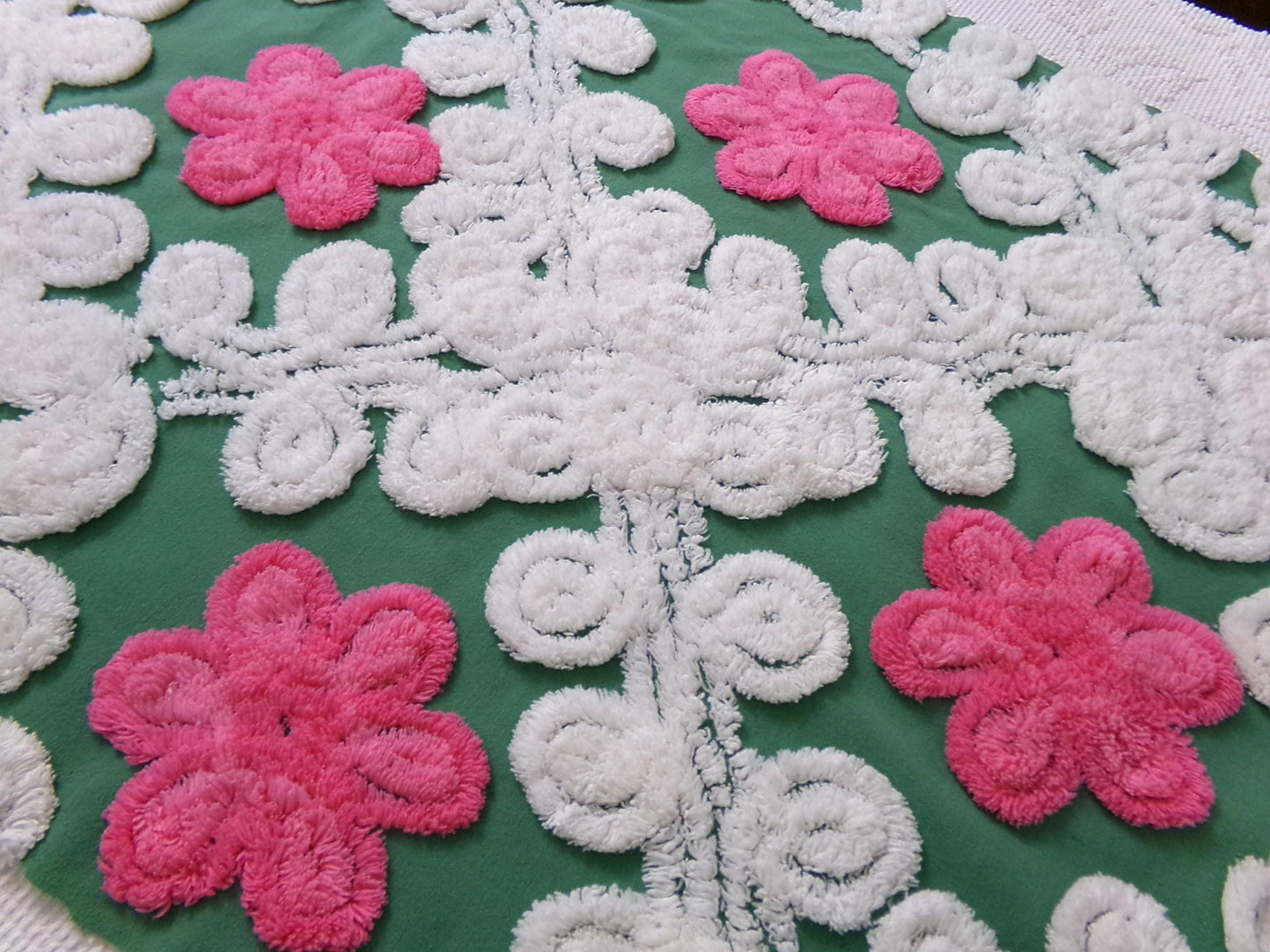 Vintage Chenille Bedspread Fabric, evergreen pink rose white swirl sewing craft quilt material, 20" x 24" piece