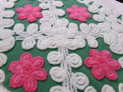Vintage Chenille Bedspread Fabric, evergreen pink rose white swirl sewing craft quilt material, 20" x 24" piece