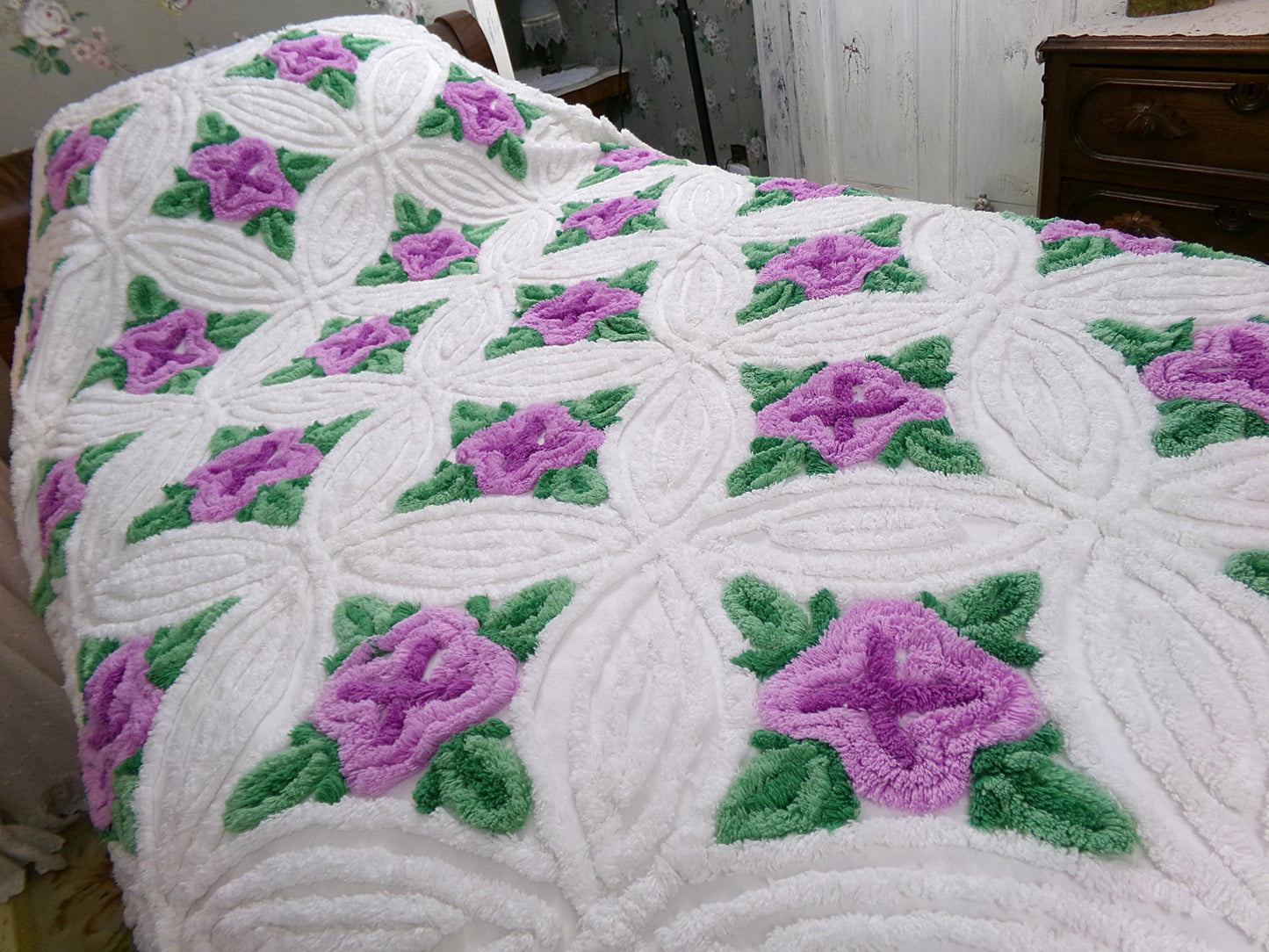 Lavender Cabbage Rose Blooms 1940s White Cotton Chenille Bedspread, FULL Size