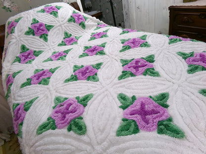 Lavender Cabbage Rose Blooms 1940s White Cotton Chenille Bedspread, FULL Size