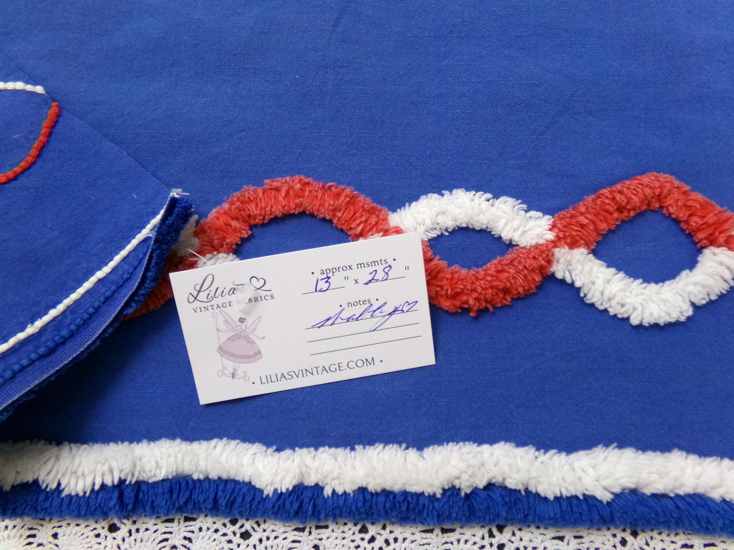 Nautical Rope Vintage Chenille Fabric, Red White & Blue 13" x 28" piece