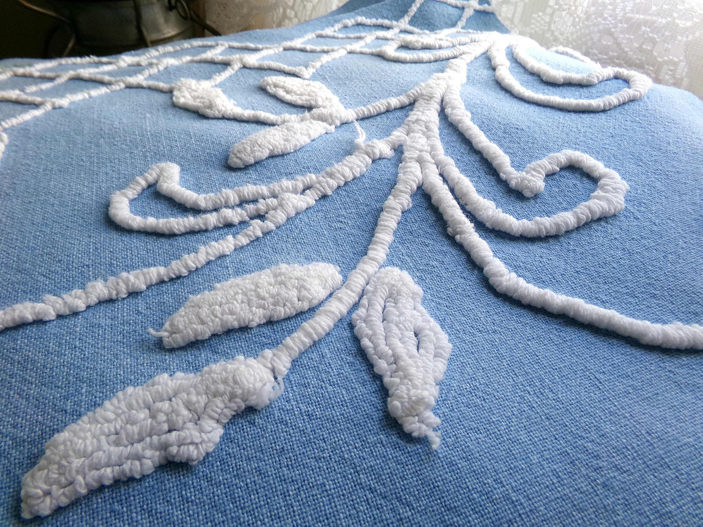 divine pink rose vintage chenille fabric, 17.5" x 32" inch piece, White Trellis & Scrollwork on Sky Blue Cotton, for Quilts, Pillows