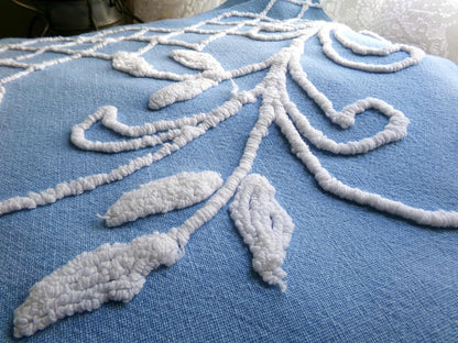 divine pink rose vintage chenille fabric, 17.5" x 32" inch piece, White Trellis & Scrollwork on Sky Blue Cotton, for Quilts, Pillows