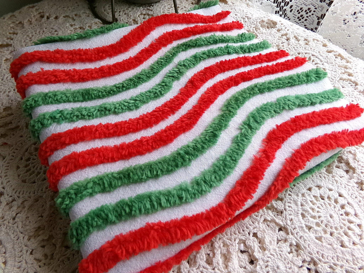red & green ripple striped chenille fabric, festive vintage sewing material for Christmas stockings, holiday crafts, 15" x 28" inch piece