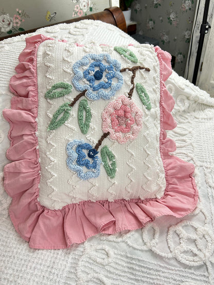 Cottage Ruffled Vintage Chenille Pillow Cover Reversible Floral Rectangle Shape