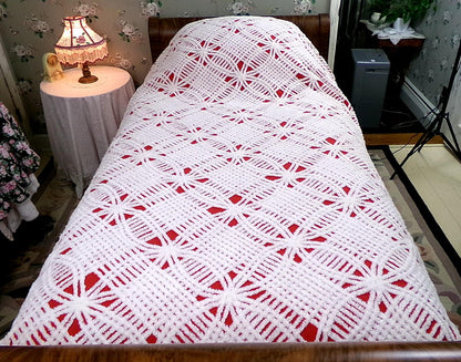 Red Vintage Chenille Bedspread Tufted White Full Size 100% Cotton Bedding, Fringe