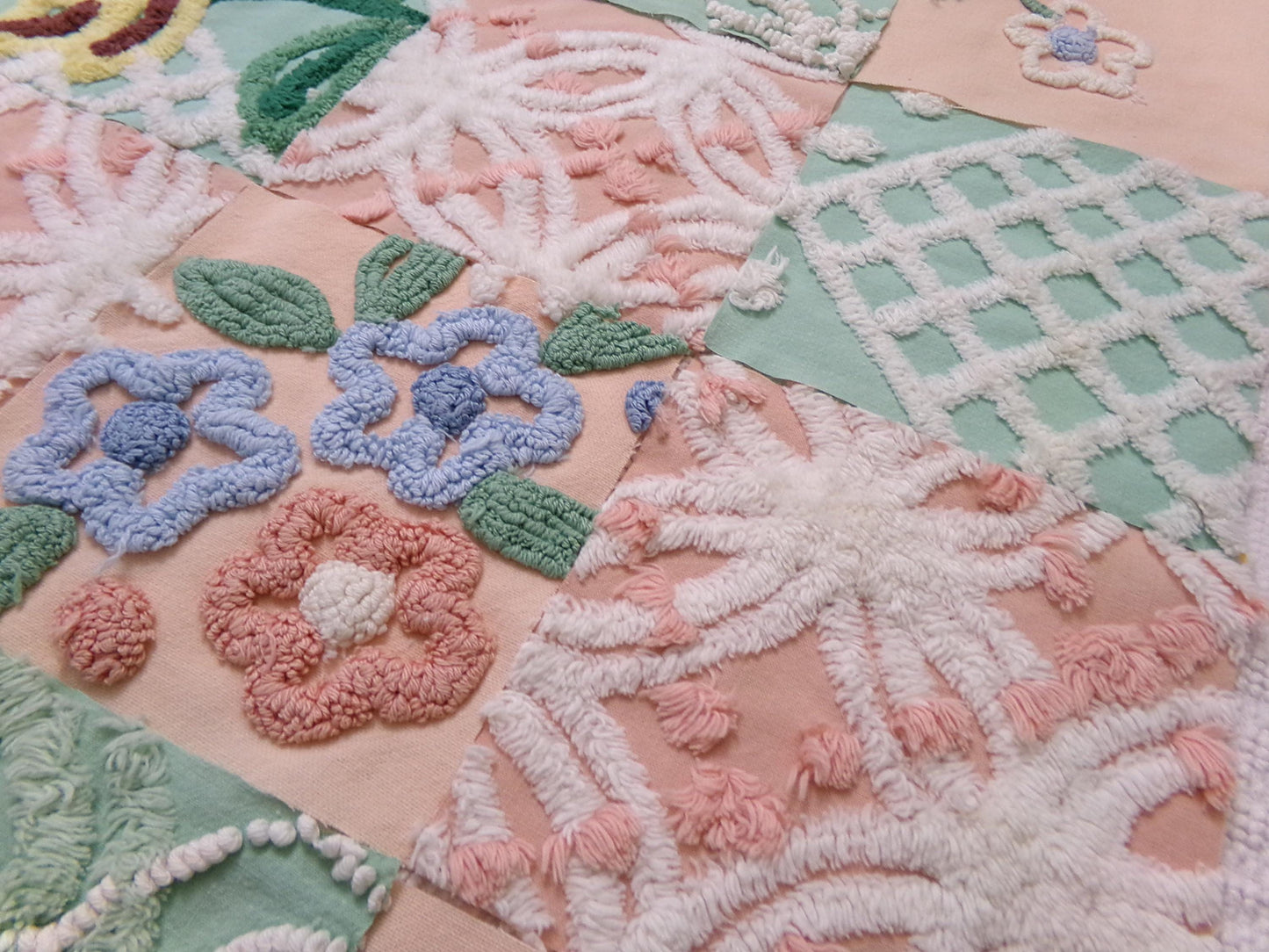 vintage chenille fabric squares, "garden lady" peach & green florals, set of 16 quilt blocks 6" each