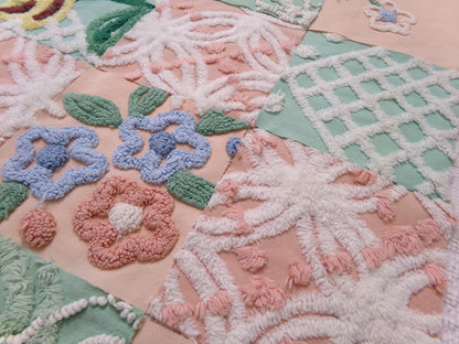 vintage chenille fabric squares, "garden lady" peach & green florals, set of 16 quilt blocks 6" each