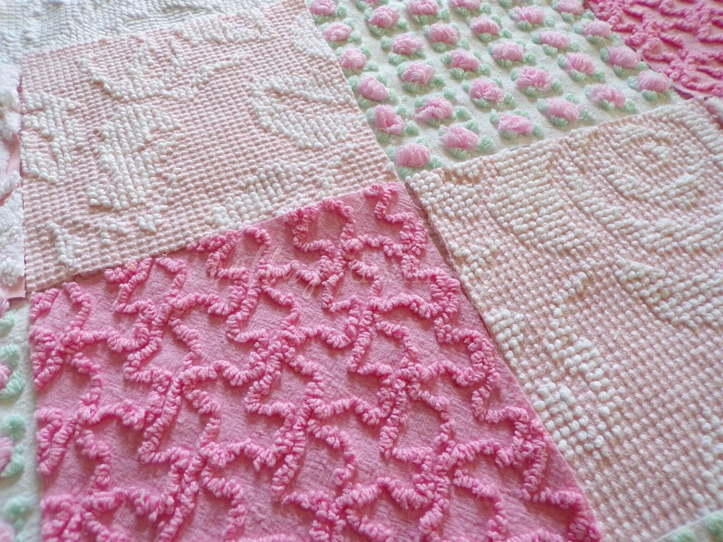 Must Love Pink Chenille Quilt Squares Set from Vintage Bedspread Fabric, 16 Blocks, 6" inch