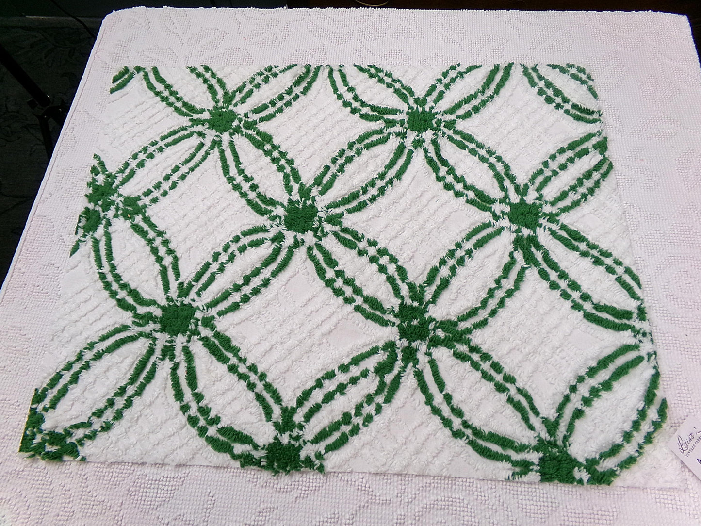 Vintage Green White Chenille Fabric Piece, Interlocking Geometric 18x24" Quilt Material