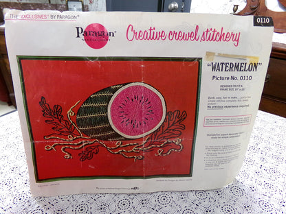 WATERMELON Crewel Embroidery Kit, Vintage Paragon Needlecraft 0110, Kitschy Wall Art
