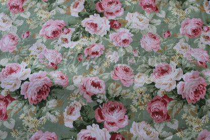 Cottage Coordinated Vintage Fabric Bundle: Gorgeous Plush Tufted Chenille Piece & Mint Green Cabbage Rose Cotton Fabric, for Quilts, Crafts