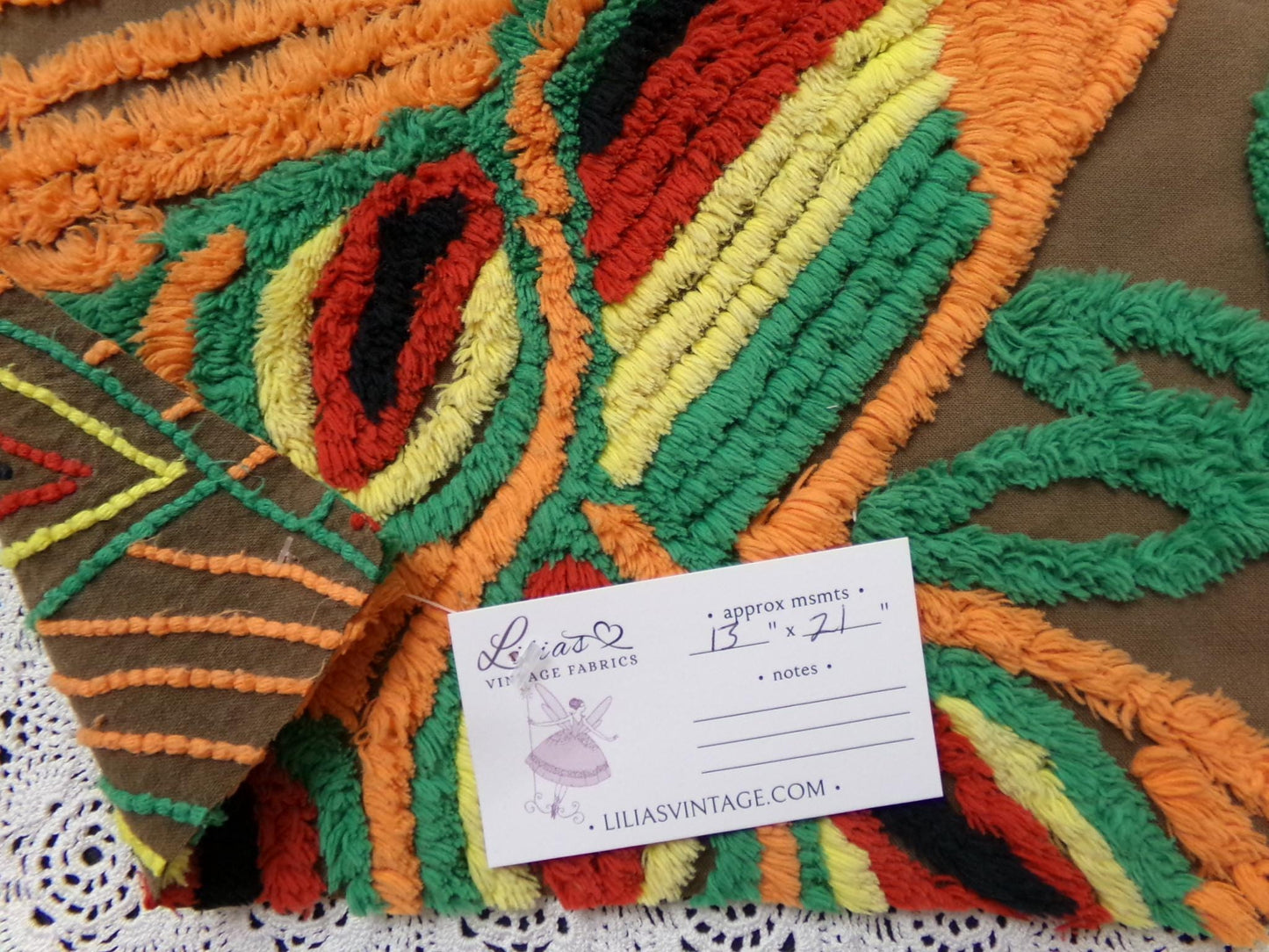 boho peacock vintage chenille bedspread fabric exotic bird brown orange 13x21" small piece