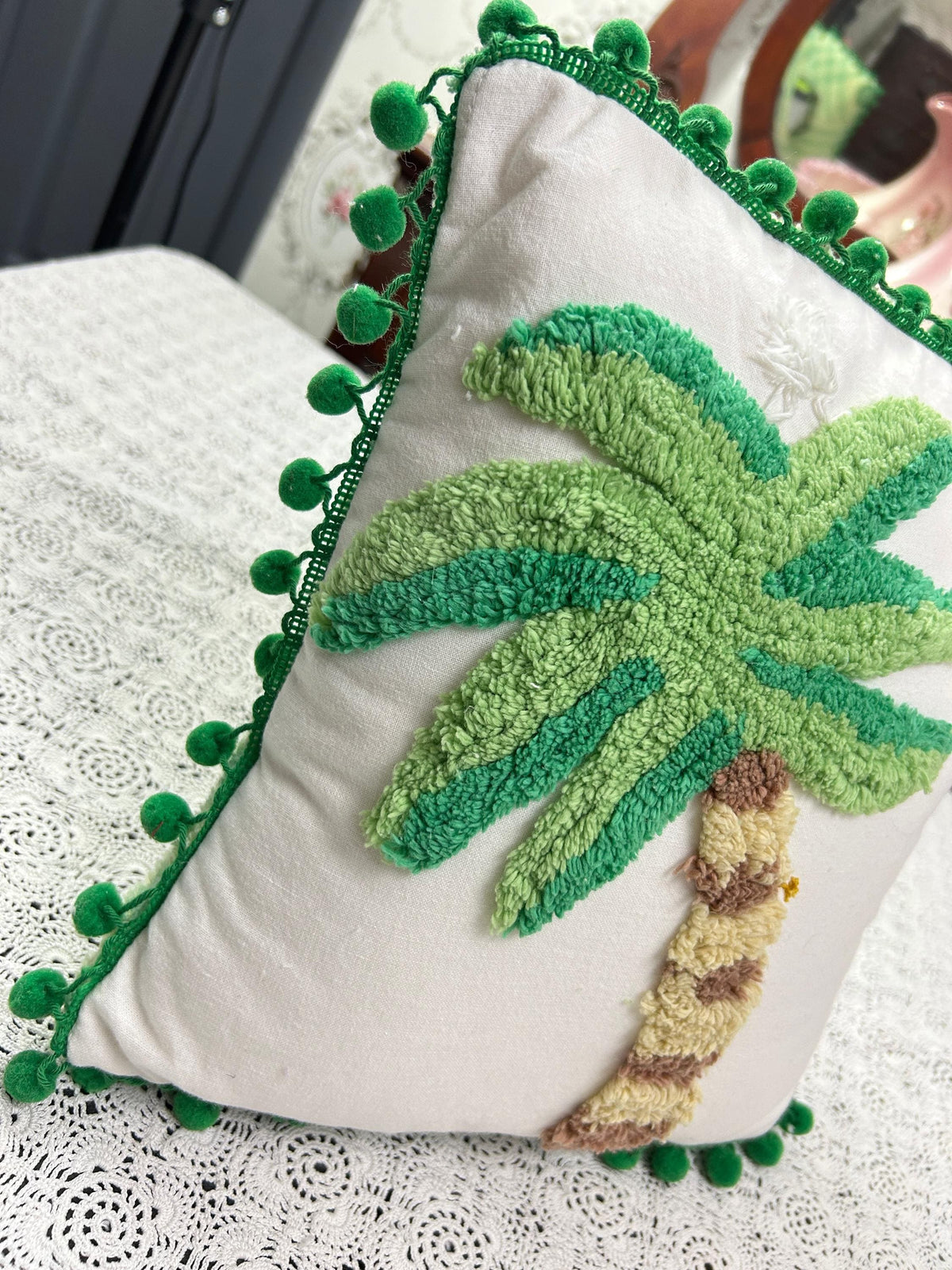 Palm Tree Vintage Chenille Pillow Cover Reversible 12" Square, Tropical Bungalow