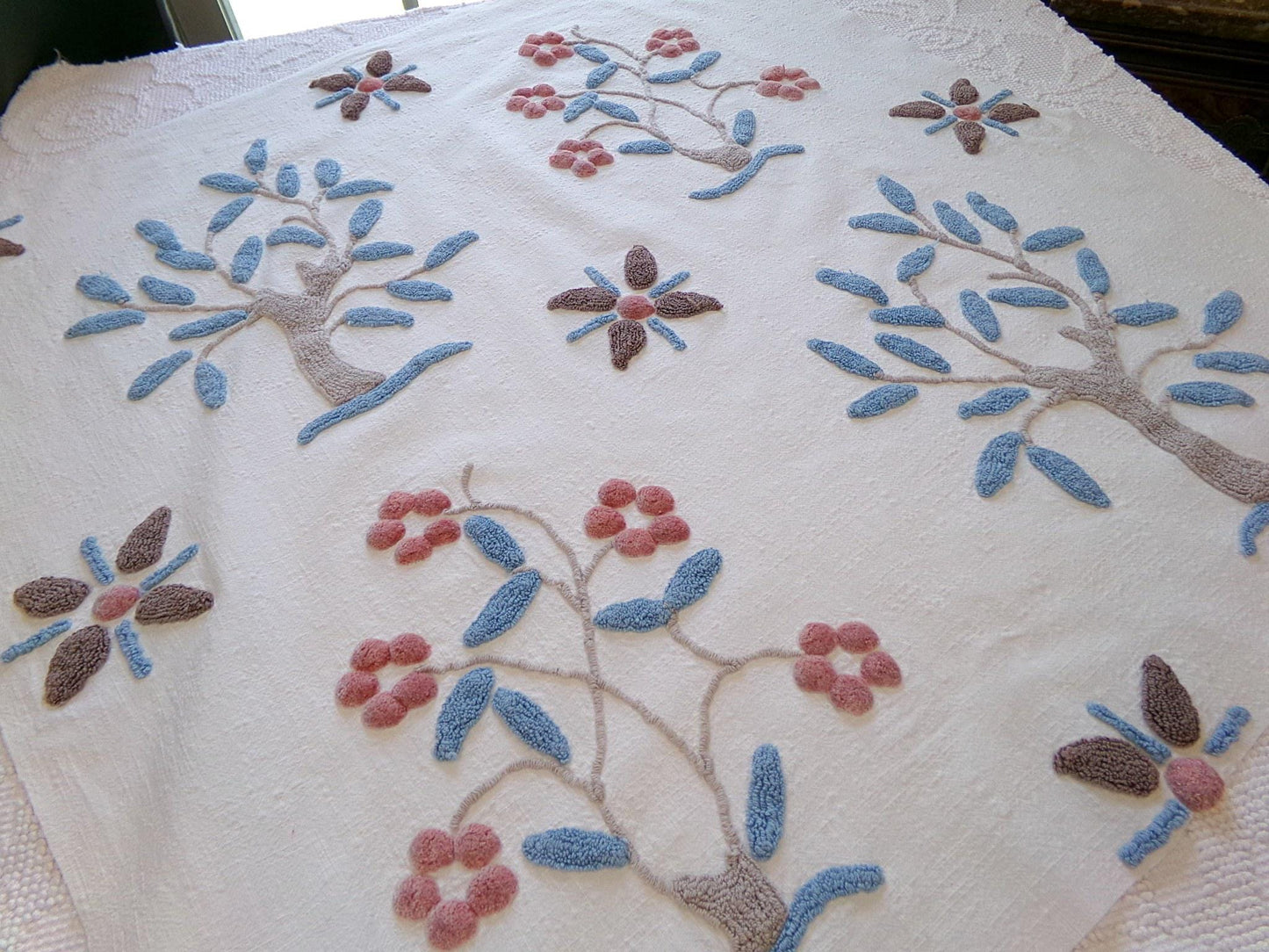 Vintage Bohemian Chenille Fabric - Natural Woodland Tree Floral & Star Design, 28" x 29"