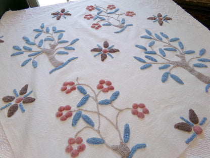 Vintage Bohemian Chenille Fabric - Natural Woodland Tree Floral & Star Design, 28" x 29"