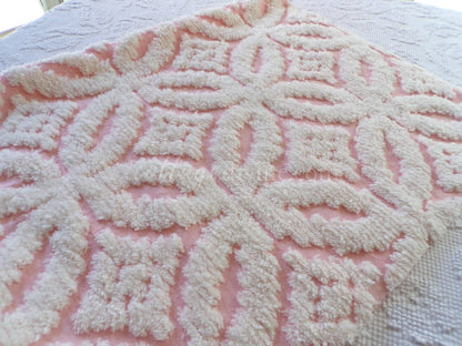 Snuggle Pink Vintage Chenille Fabric, White Sculpted Geometric Tufting, 20" x 31" inch Piece