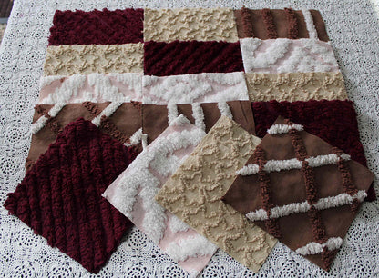 chocolate berry vintage chenille fabric squares, 16 quilt blocks, 6" inches ea, great shades of brown, merlot, mocha, white