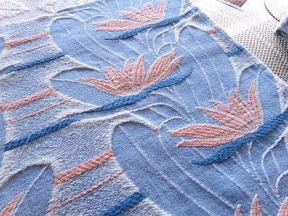 tranquil water lily vintage woven fabric piece, 21" x 32" inch reversible sewing material, calming blue & coral lilies
