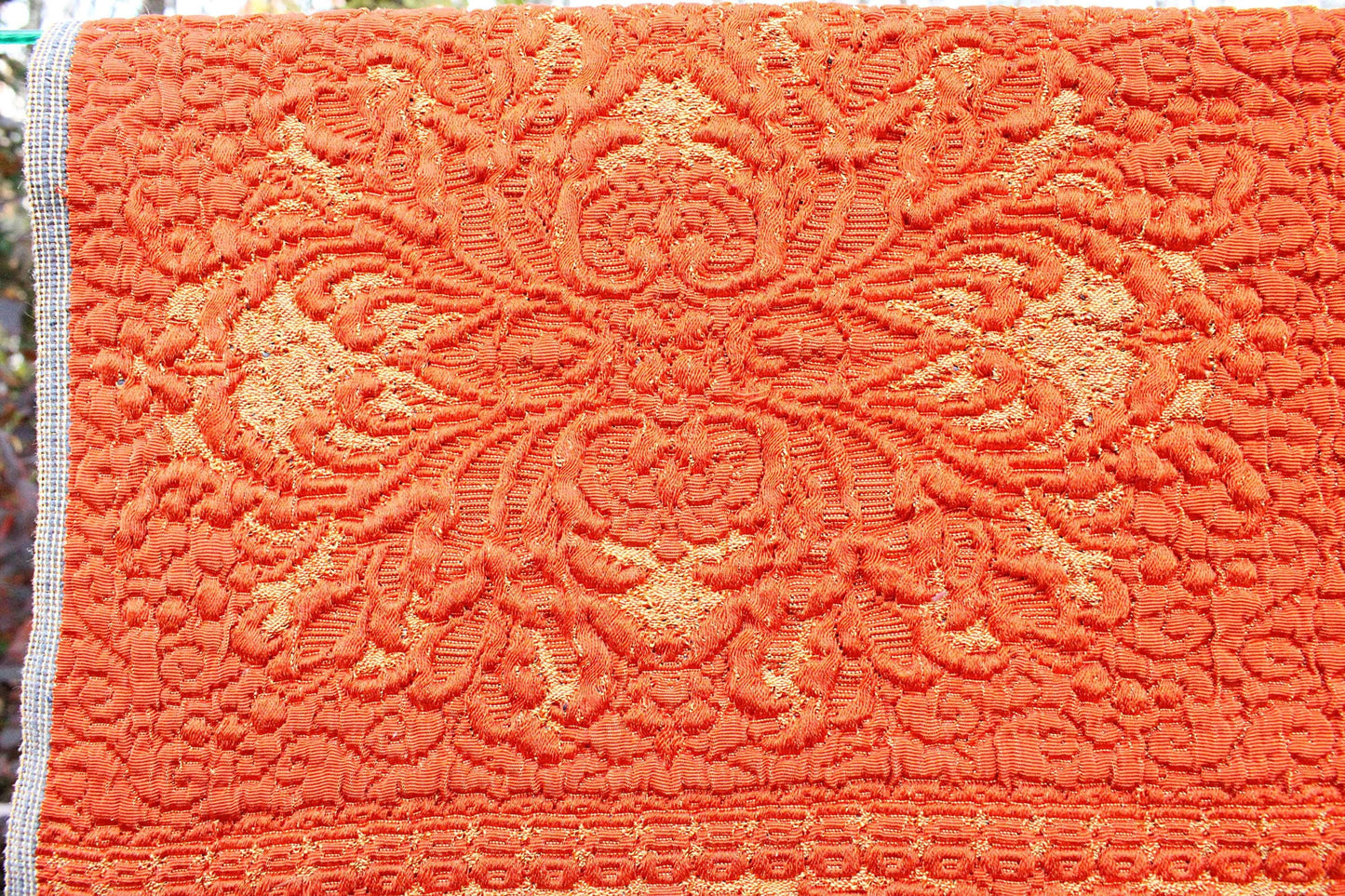 Luxurious Vintage Tapestry Fabric, Shimmer Gold & Orange Woven Damask Sewing Material, 20" x 25"