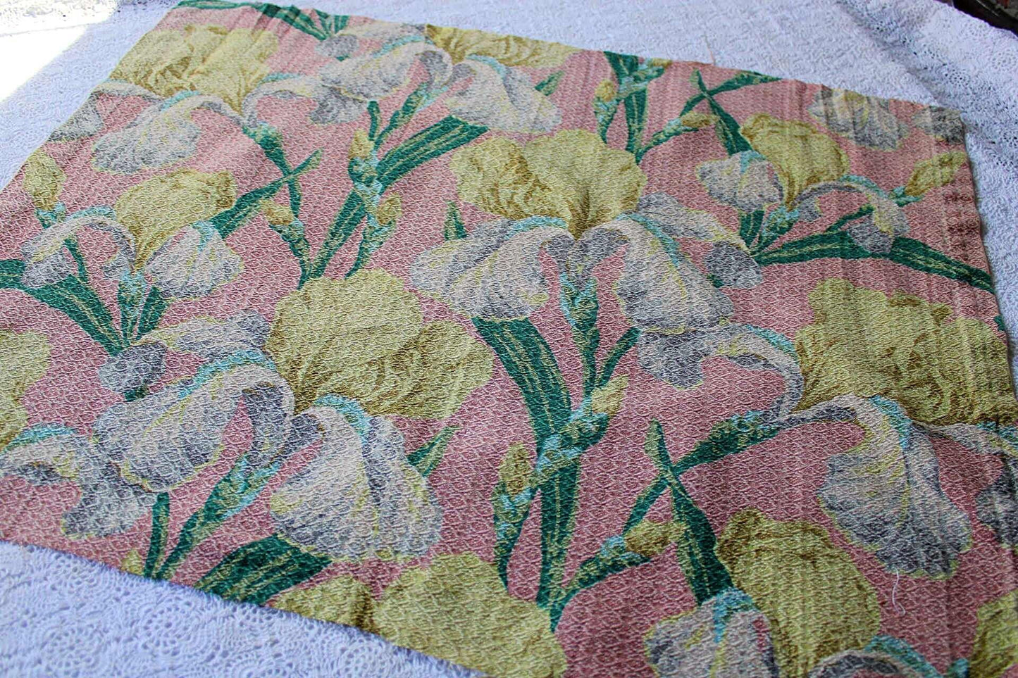Vintage IRIS Floral Barkcloth Fabric Piece, 29.5" x 23" inches, Mauve Pink Rose & Old Fashioned Yellow Blooms, Deconstructed Curtain Panel