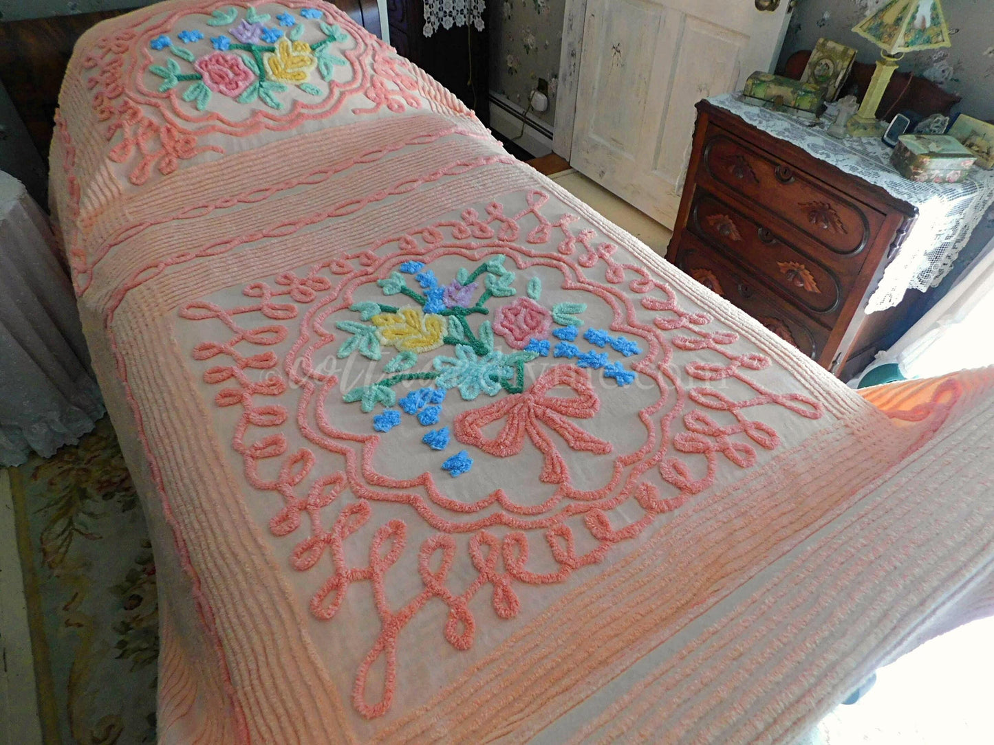 Romantic Vintage Chenille Bedspread, Spring Flowers on Old Fashioned Peach, Full Size 100% Cotton Summer Coverlet