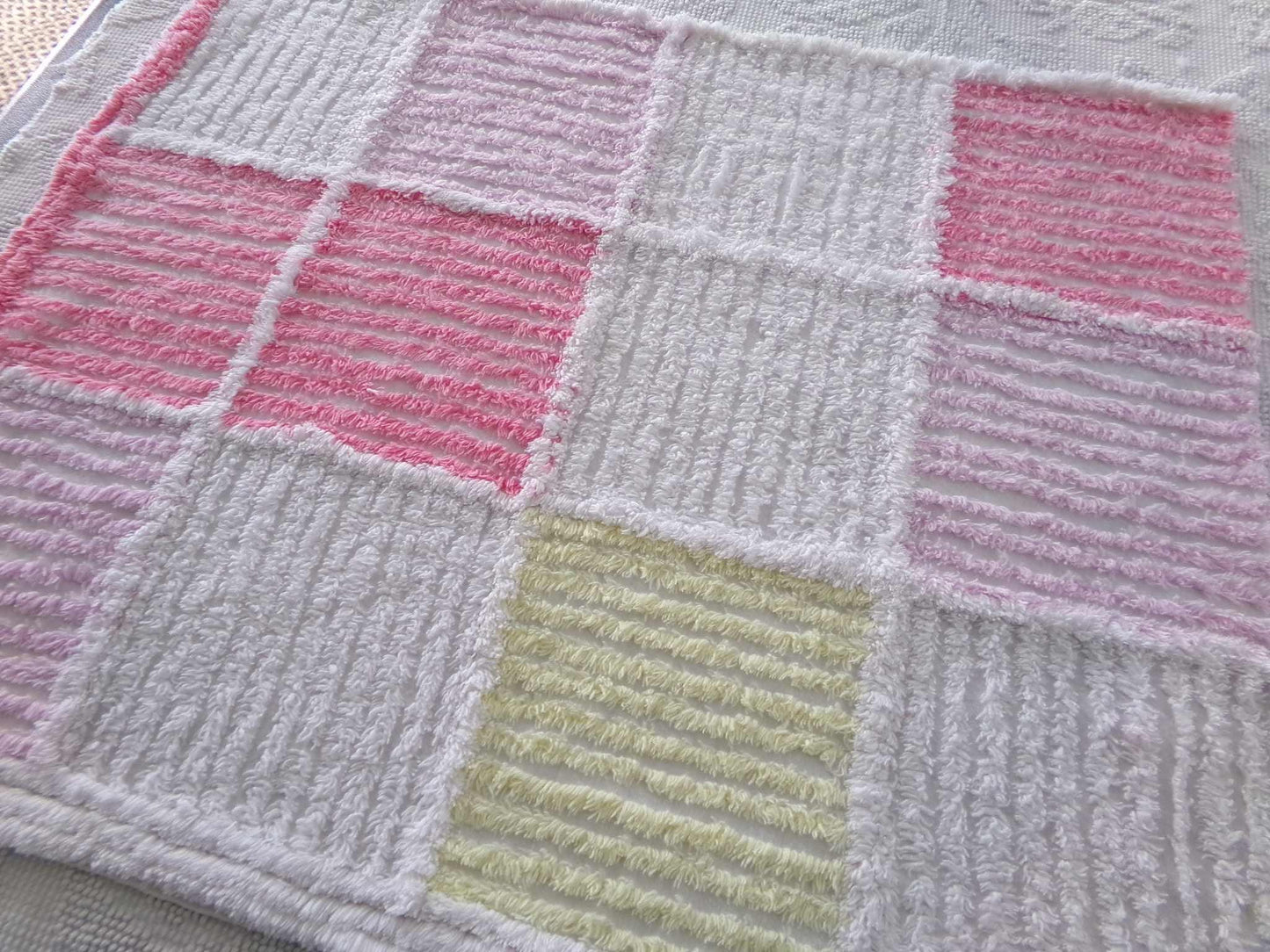 pink & white quilt style vintage chenille fabric, 25" x 20" piece of sewing material for pillows, crafts