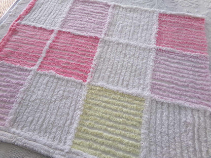 pink & white quilt style vintage chenille fabric, 25" x 20" piece of sewing material for pillows, crafts